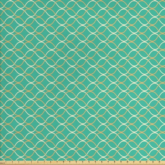Modern Fabric by the Yard, Geometrical Line Art Waves Oval Shapes Optical Illusion Pattern, Decorative Upholstery Fabric for Chairs & Home Accents, Pale Orange Turquoise by Ambesonne