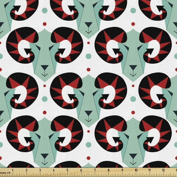 Ambesonne Modern Fabric by the Yard Upholstery, Quirky Goat Heads with Horns, 5 Yards, Seafoam Vermilion