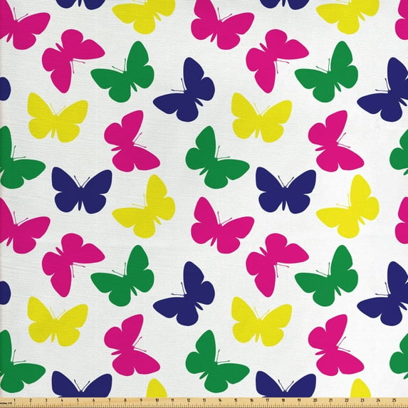 Ambesonne Modern Fabric by the Yard Upholstery, Romantic Butterfly, 5 Yards, Dark Blue Yellow