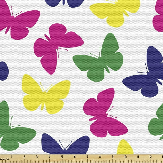 Ambesonne Modern Fabric by the Yard Upholstery, Romantic Butterfly, 1 Yard, Dark Blue Yellow