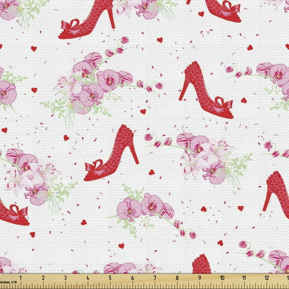 Modern Fabric by the Yard, Shoes Heels Pattern with Orchid Flowers Petals and Hearts Design Image, Decorative Upholstery Fabric for Chairs & Home Accents, 10 Yards, Red White by Ambesonne
