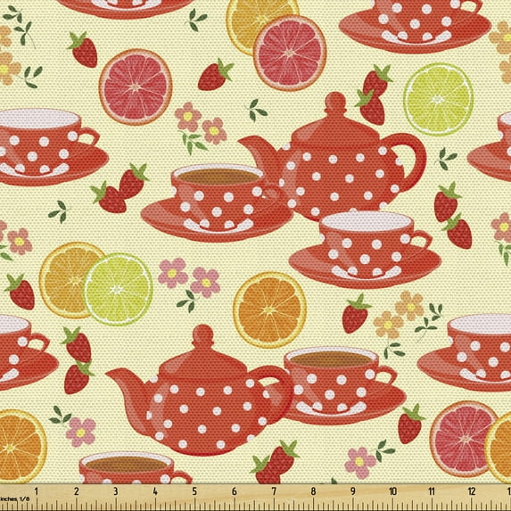 Ambesonne Yellow Fabric by the Yard Upholstery, Cup with Dots and Fruits, 2 Yards, Yellow Scarlet