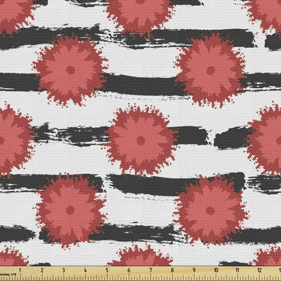 Ambesonne Modern Fabric by the Yard Upholstery, Splash Flowers on Stripes, 5 Yards, Coral Dark Grey and White