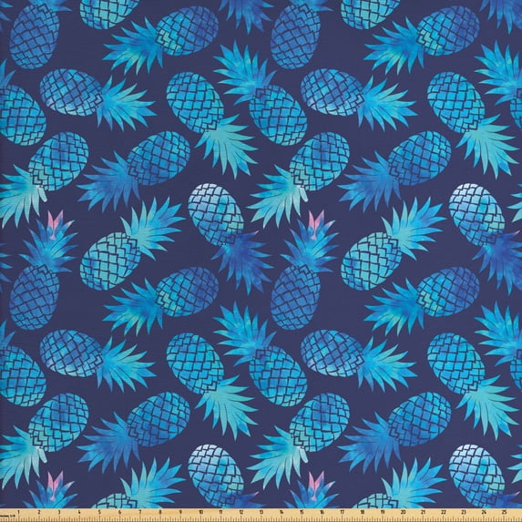 Ambesonne Modern Fabric by the Yard Upholstery, Exotic Pineapple, 10 Yards, Night Blue Turquoise
