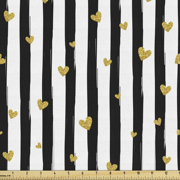 Ambesonne Modern Fabric by the Yard Upholstery, Classic Stripes and Hearts, 2 Yards, Pale Coffee