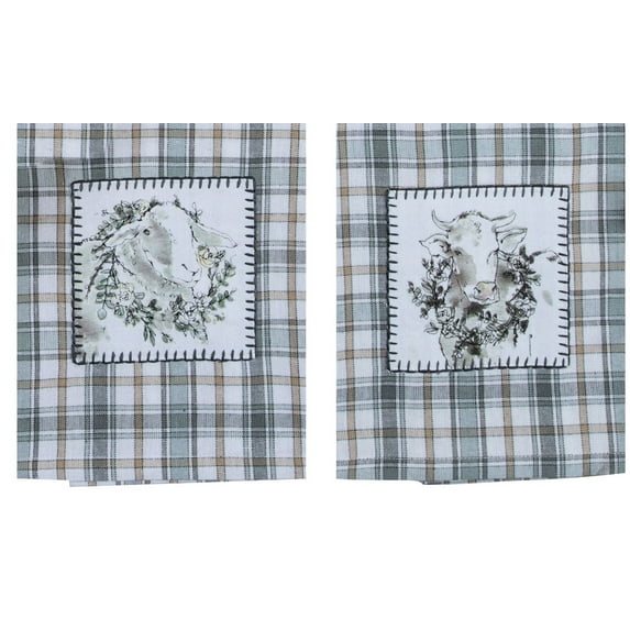 Modern Farm Cow and Sheep Plaid Appliqued Kitchen Tea Towels Set of 2