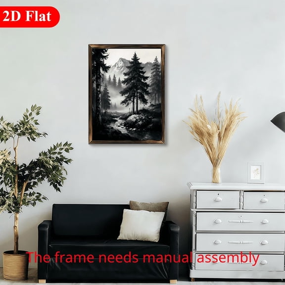 Modern Farmhouse 12x16 Inch Framed Wood Wall Art, Black and White Misty Forest Mountain Landscape with River 1pc for Living Room Home Decor