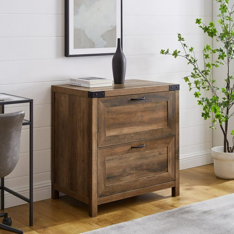 Modern Farmhouse 2 Drawer Filing Cabinet with Metal Accents in Rustic Oak