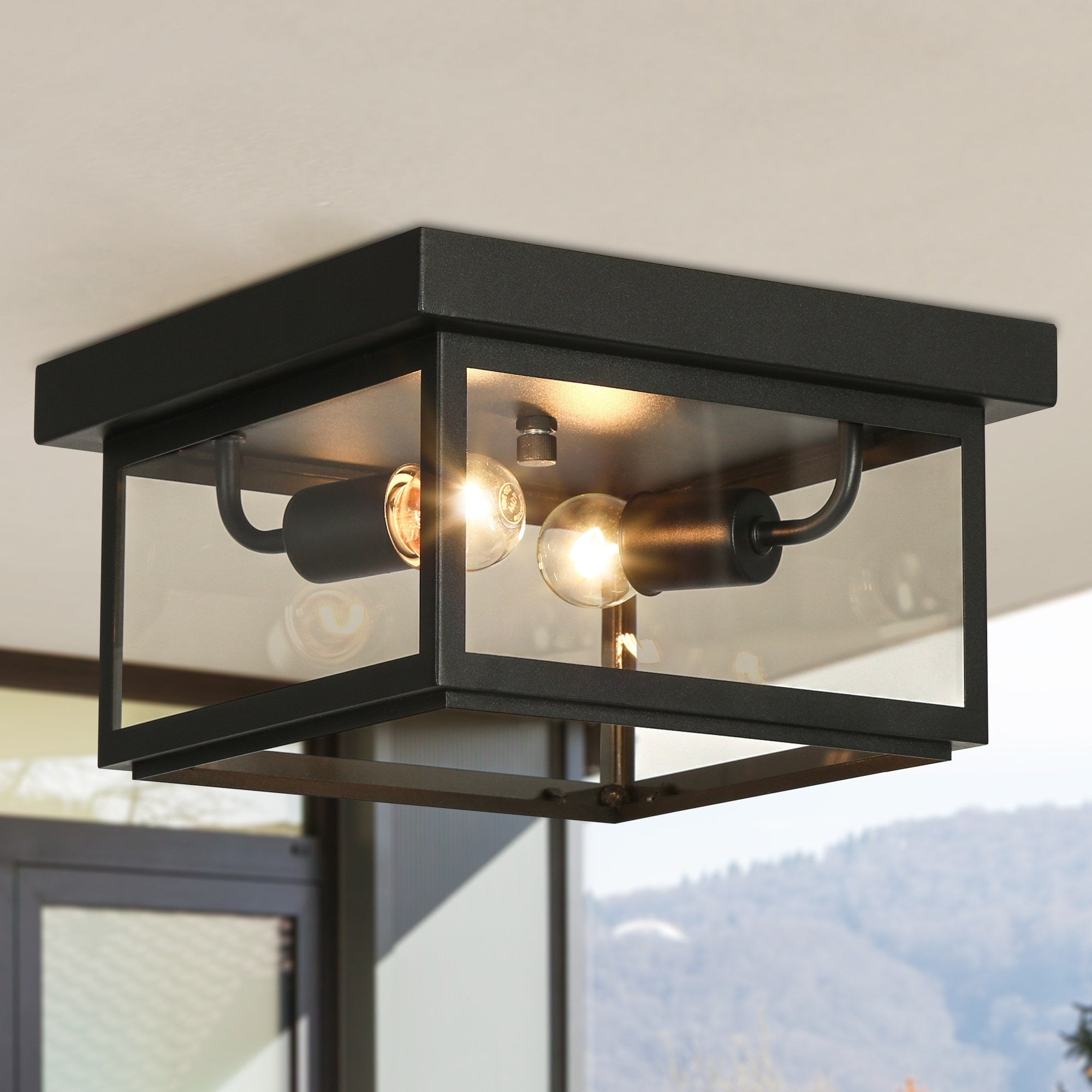 Modern Farmhouse Black Glass 2-Light Flush Mount Ceiling Fixture