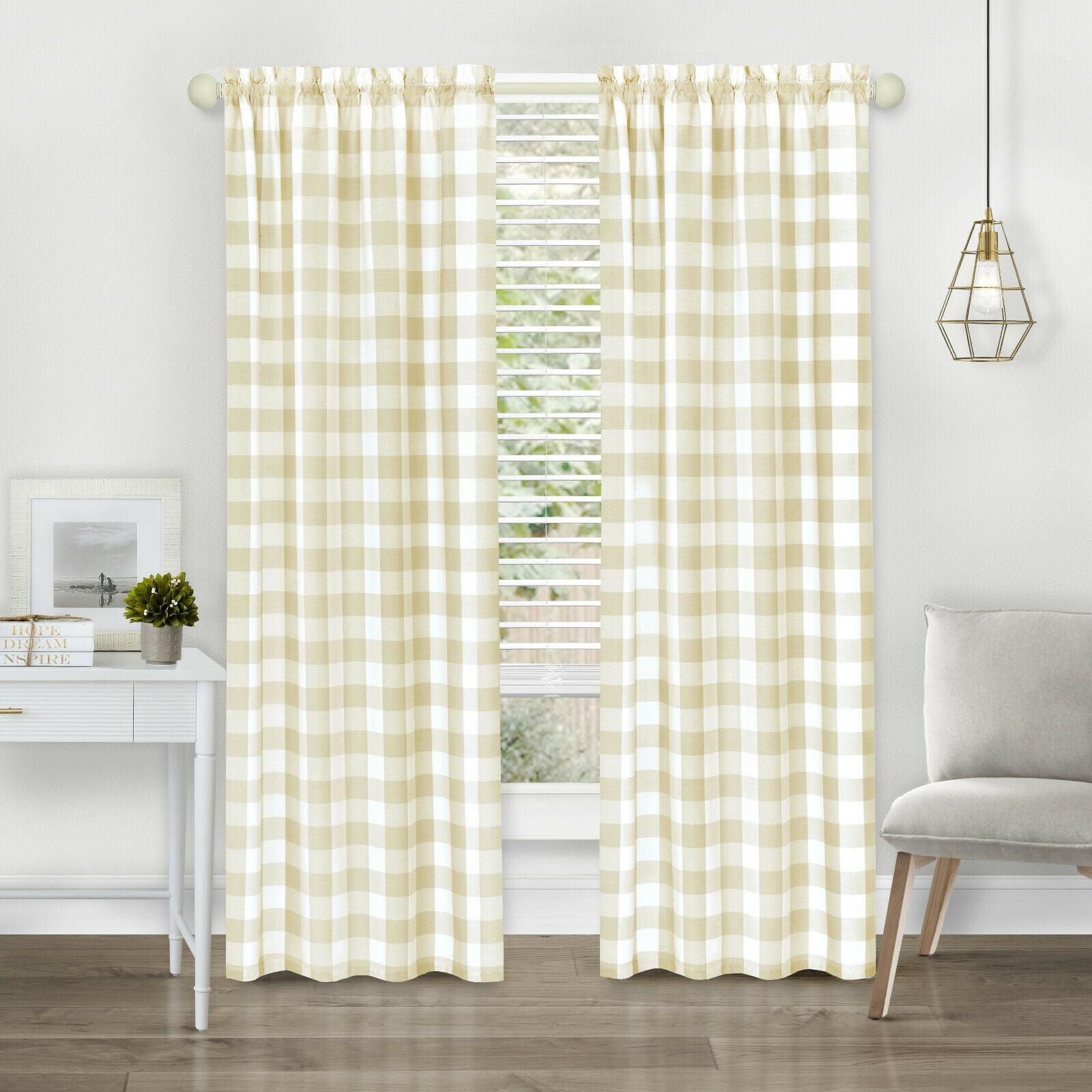 Modern Farmhouse 2 Piece Rod Pocket Large Buffalo Checkered Plaid Curtains - Linen, 84 in. Long