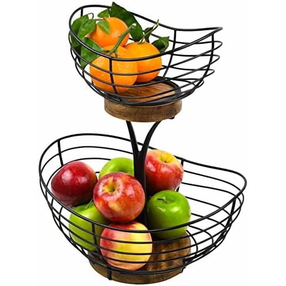 Modern Farmhouse 2 Tier Fruit Basket for Kitchen Counter, Vintage Wire and Wooden Base Fruit Bowl / Stand for Kitchen countertop Decor - Double Tree Fruit & Vegetables Basket