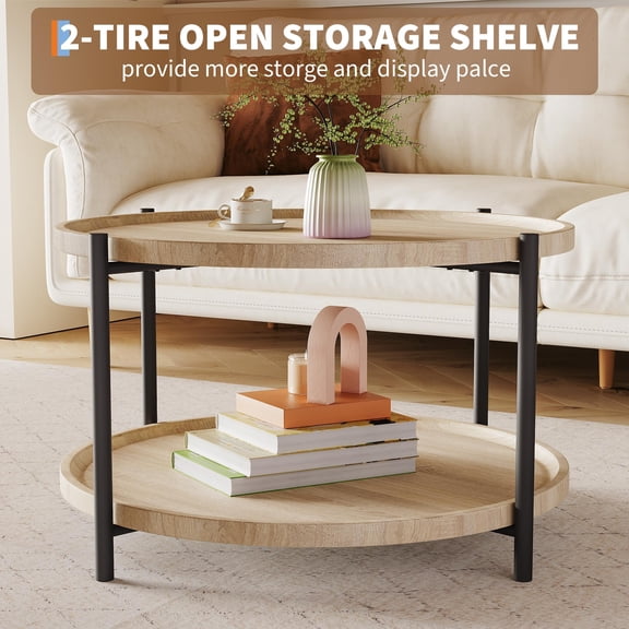 Modern Farmhouse 2-Tier Round Coffee Table, Natural Oak Finish Living Room Center Table with Open Storage Shelf & Sturdy Metal Frame, Compact Table for Small Spaces Home Office