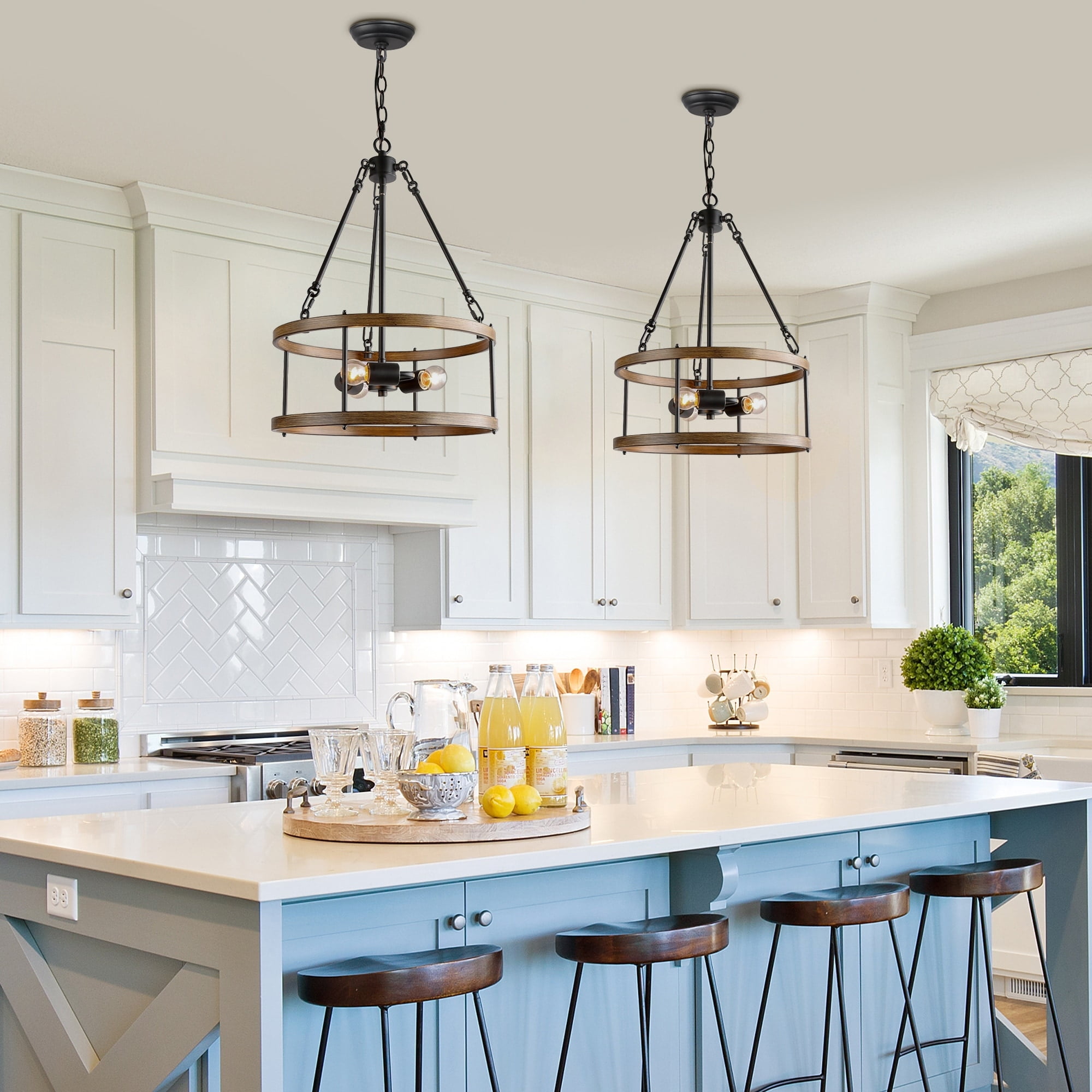 Brown Iron 3-Light Drum Chandelier with Faux Wood Finish