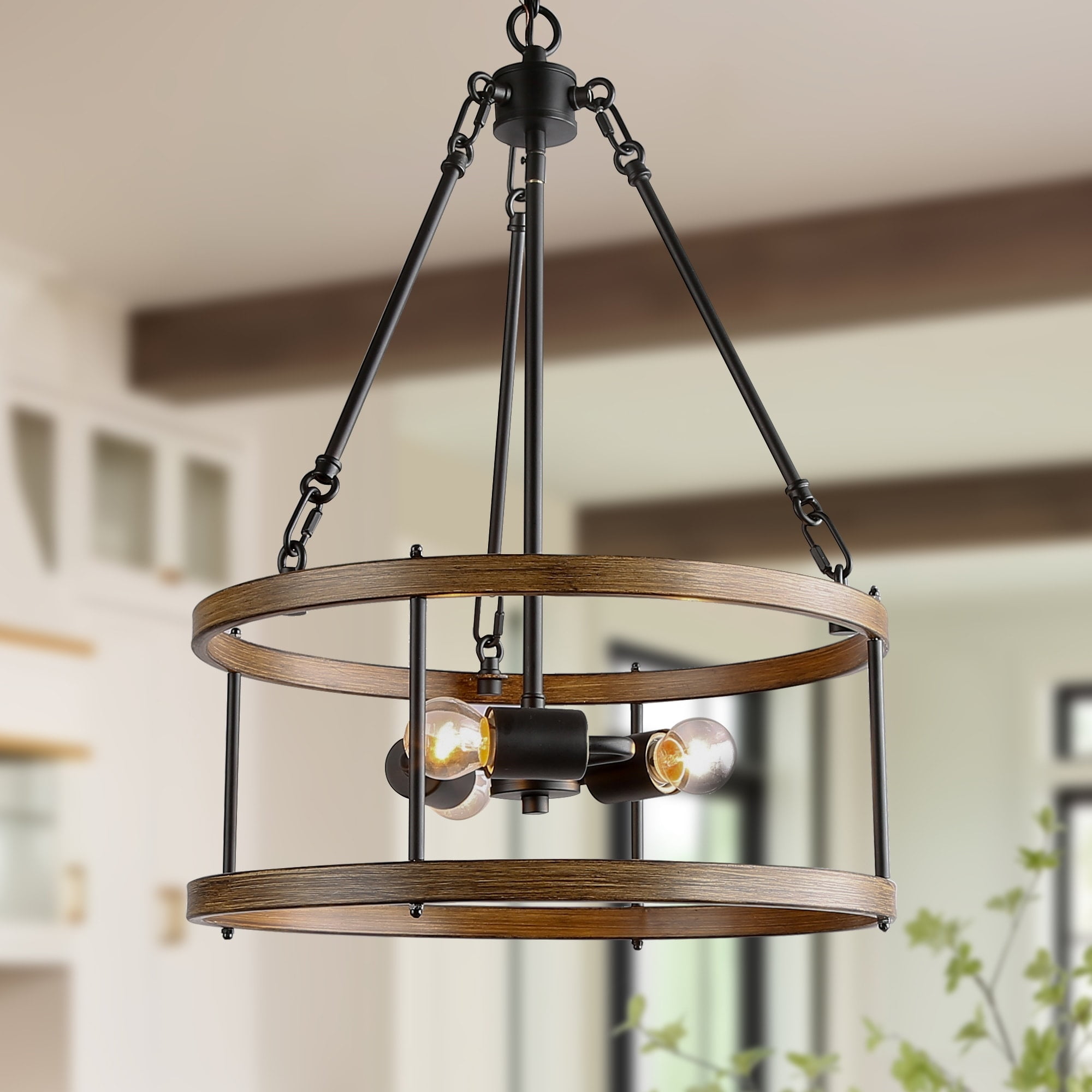 Brown Iron 3-Light Drum Chandelier with Faux Wood Finish
