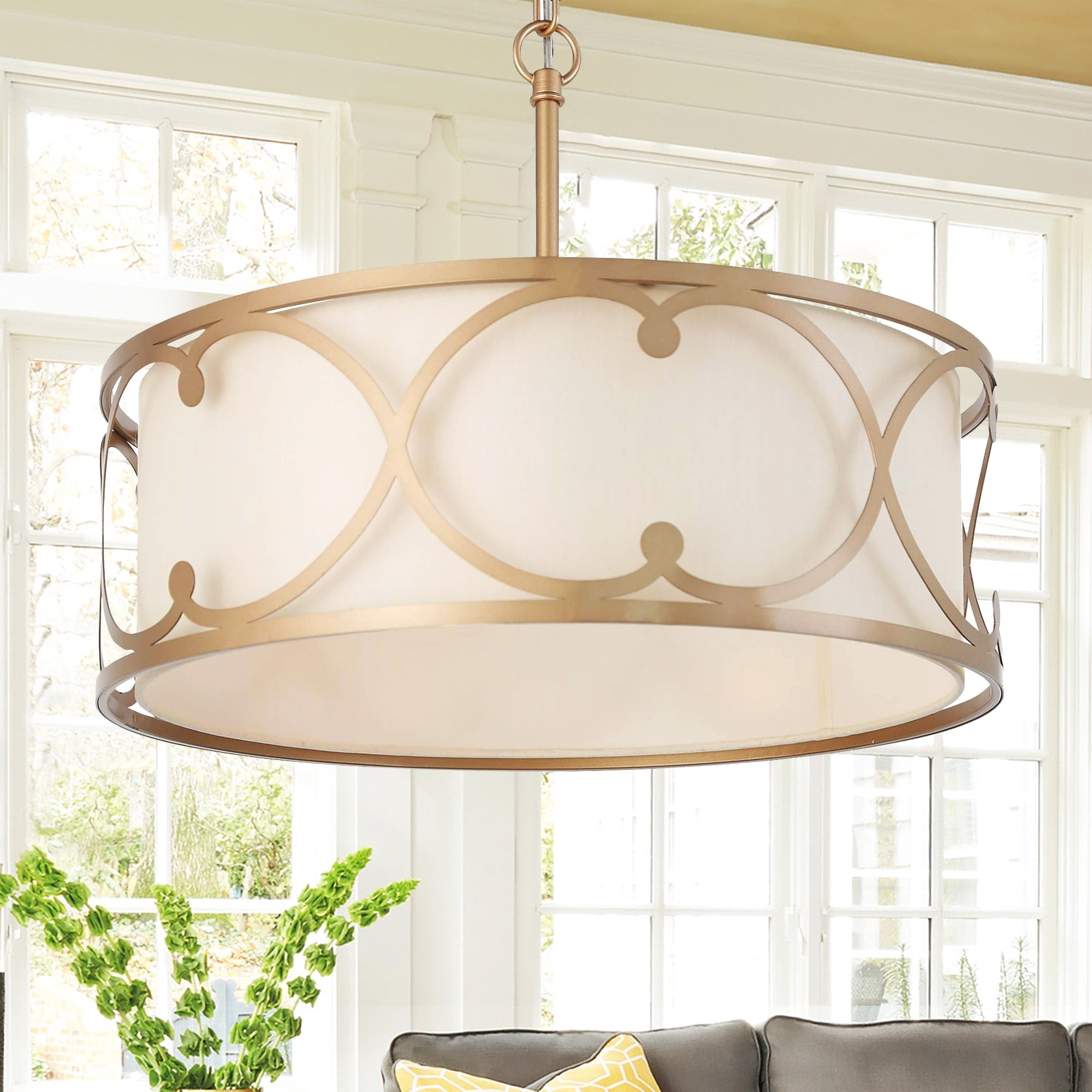 Gold and Cream Fabric Drum Chandelier Pendant Light