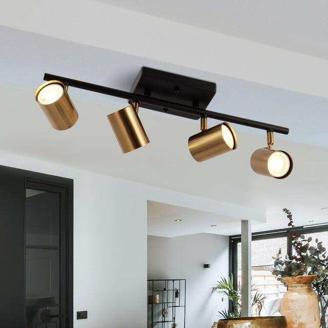 Modern Farmhouse 4-Light Gold Semi-Flush Mount Ceiling Light Track Lighting Industrial Spotlights - L 19.5" x W 6.5" x H 4.5" Black and Gold