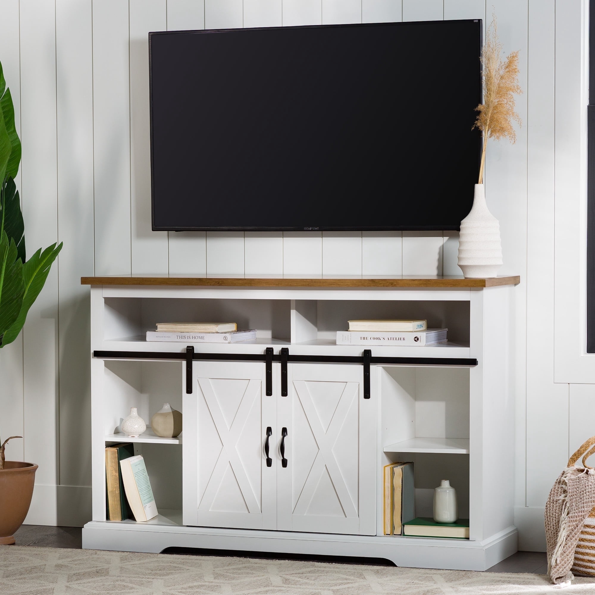 Walker Edison Farmhouse Barn Door TV Stand for TVs up to 60", Solid White & Rustic Oak