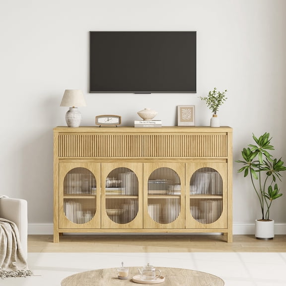 Modern Farmhouse 55" Sideboard Buffet Cabinet - Coffee Bar Credenza with Storage, 4 Oval Glass Doors & 2 Drawers, Wood Console for Dining Room/Living Room/Kitchen/Entryway