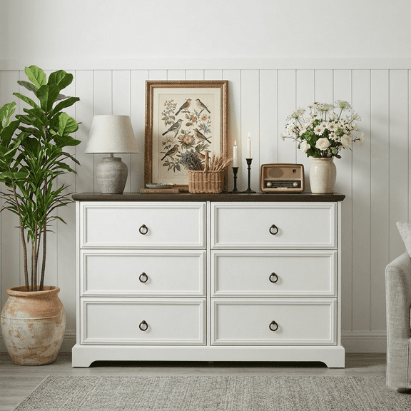 Modern Farmhouse 6-Drawer Chest of Drawers, Bedroom Wooden Dresser with Sliding Barn Door, 6-Drawer Storage Organizer for Bedroom, Living Room, Hallway