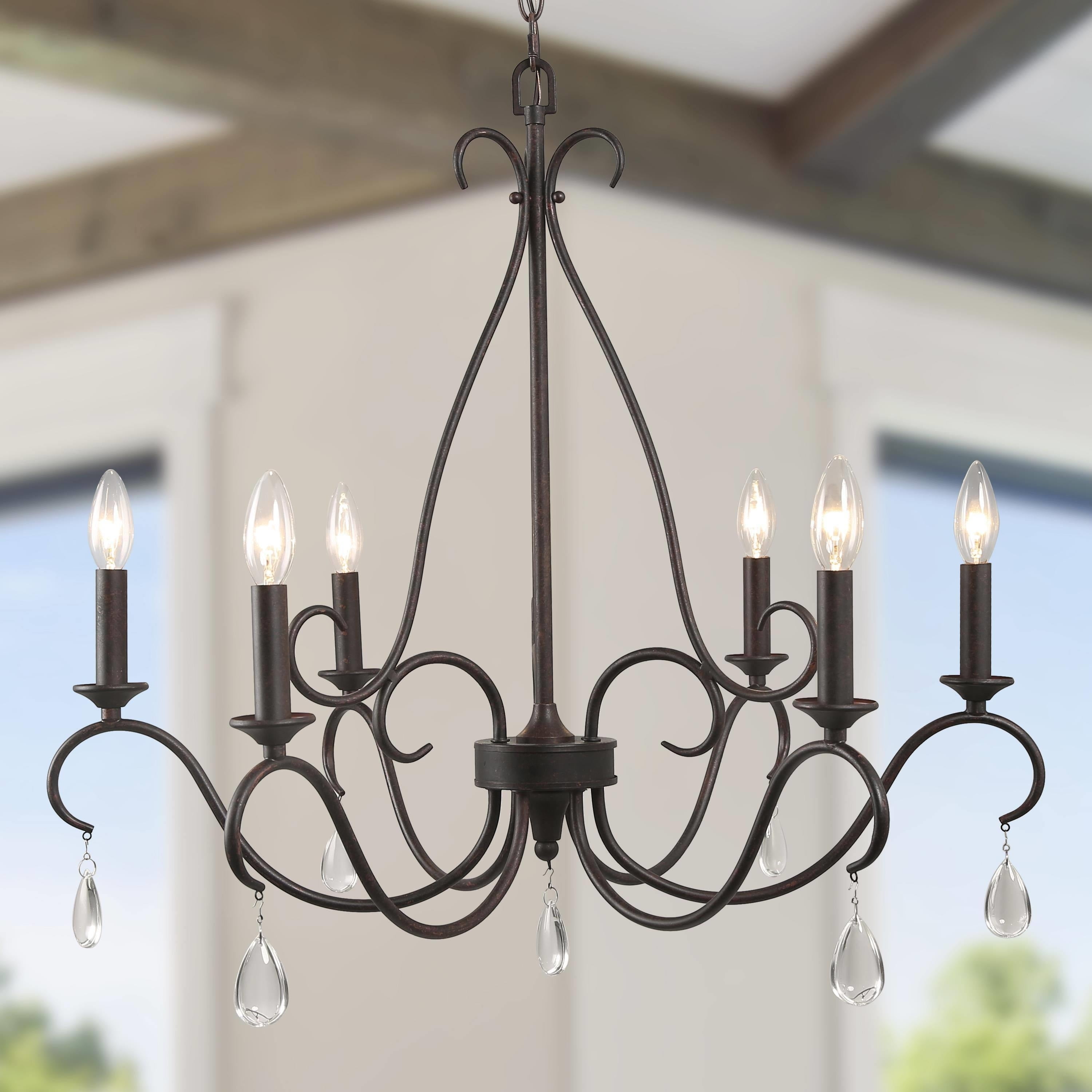 Rustic Bronze 6-Light Candle Chandelier with Crystal Drops