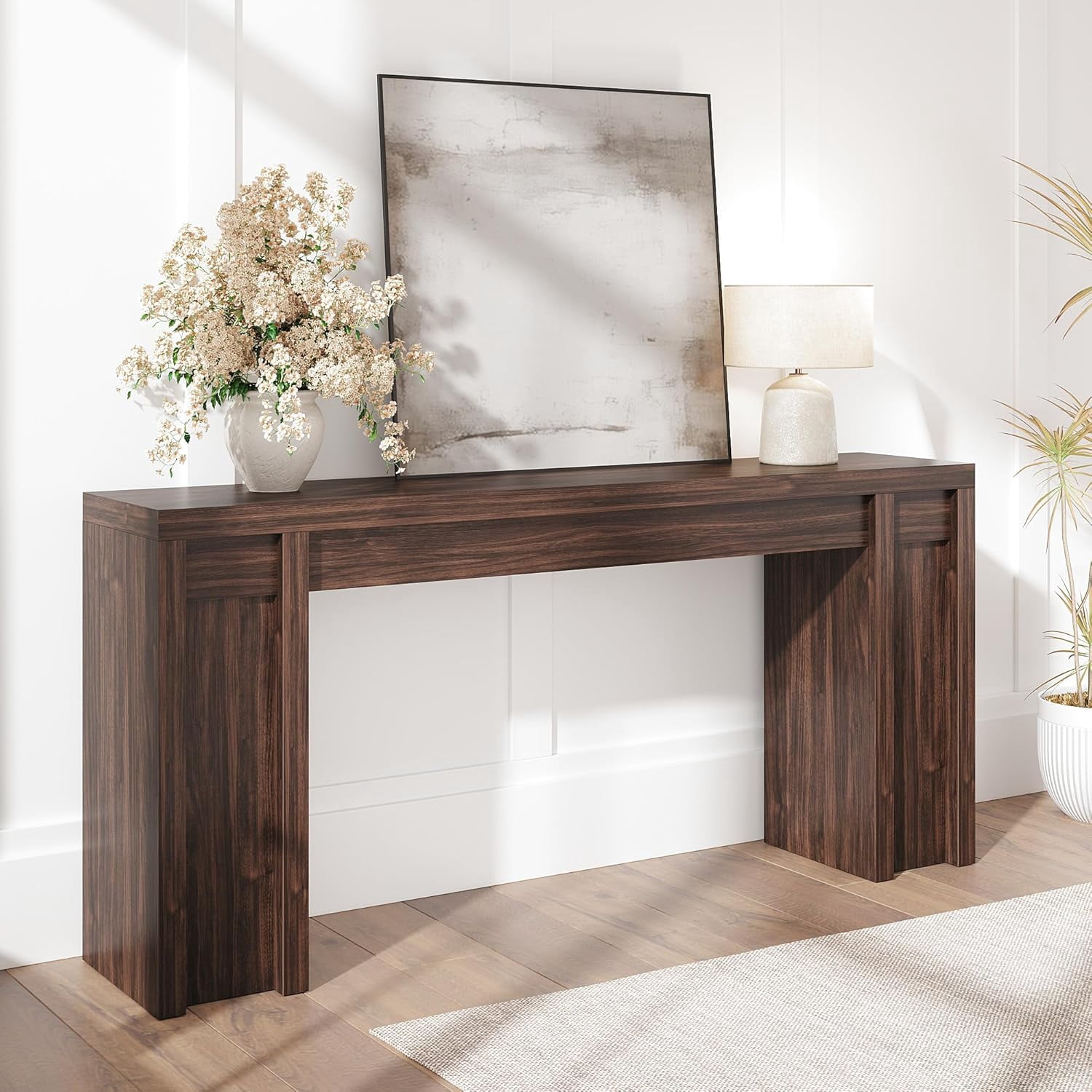 Modern Farmhouse 70.8'' Wooden Console Table with 2 Drawers – Extra-Long, 2-Tier Open Shelf, Sturdy Mark-Resistant Entryway or Dining Room Table – Walnut Color