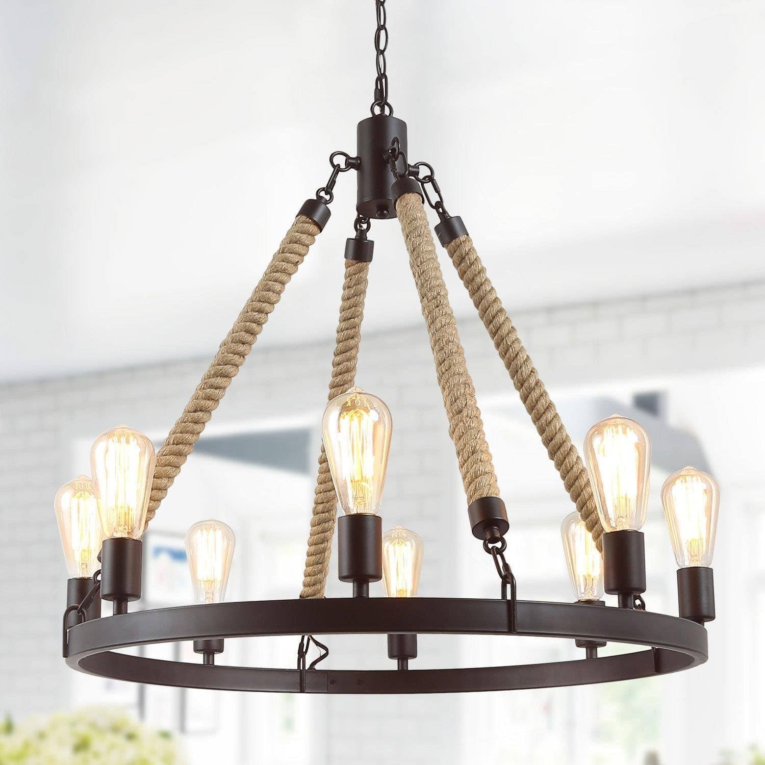 Bronze and Rope 8-Light Wagon Wheel Chandelier