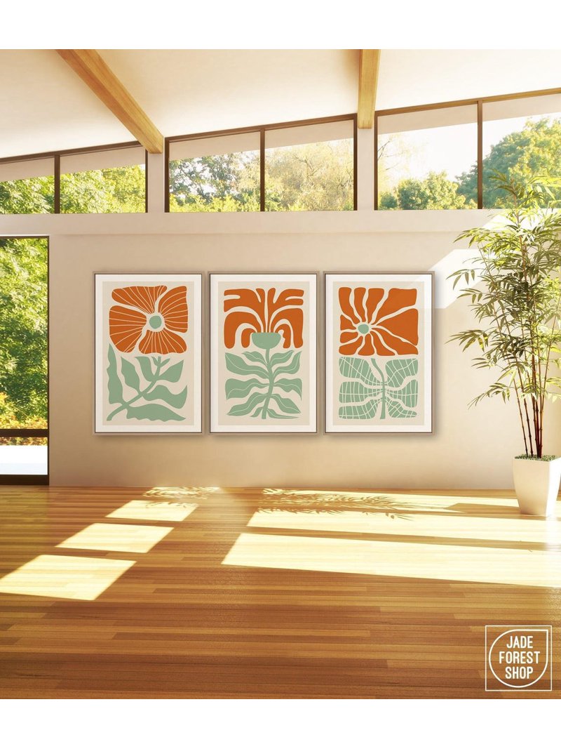 Modern Farmhouse Abstract Floral Triptych Prints, Clean Above Bed Wall ...