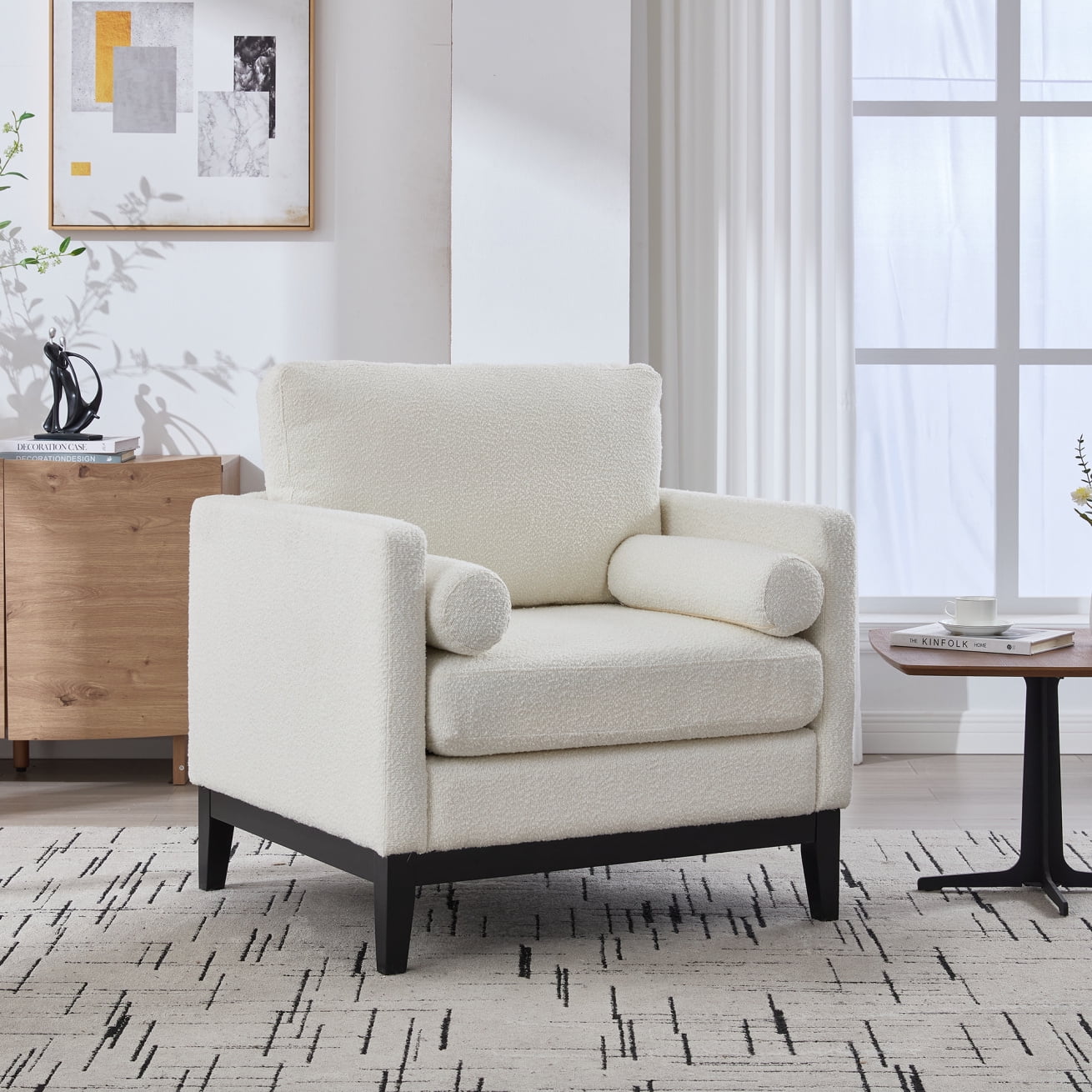 Modern Farmhouse Accent Chair with Solid Wood Frame & Black Rubberwood ...