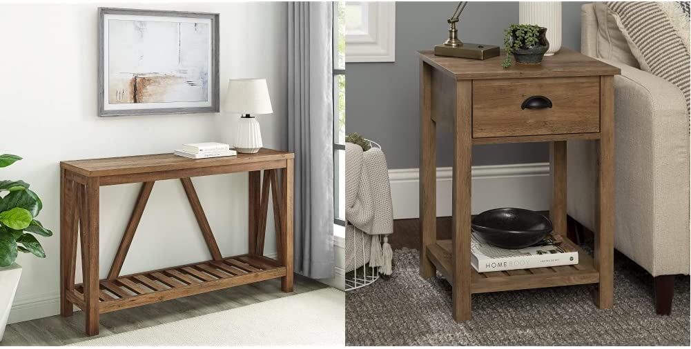 Modern Farmhouse Accent Entryway Table And Square Side Accent Table Set, Rustic Oak