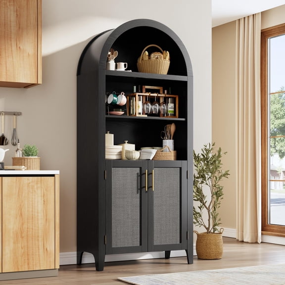 Modern Farmhouse Arched 5-Tier Bookcase with Doors Open Display Shelves Adjustable Shelf Rattan Accent Storage Cabinet for Home Office Living Room Kitchen Natural Wood/Black/White