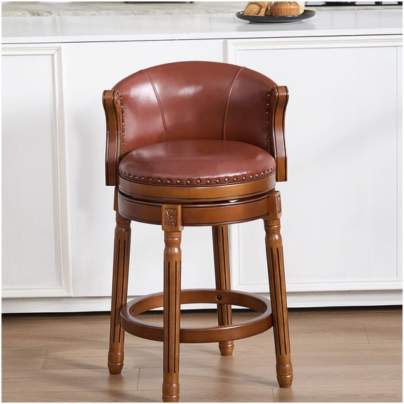 Modern Farmhouse Bar Stool, Swivel Chair with Leather Seat & Wood Back, Counter Height Stool for Kitchen Island