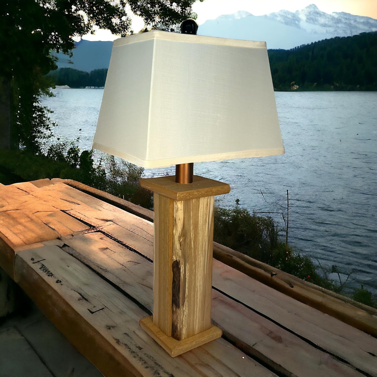 Modern Farmhouse Battery Operated Live Edge Wood Table Lamp (Teak Core