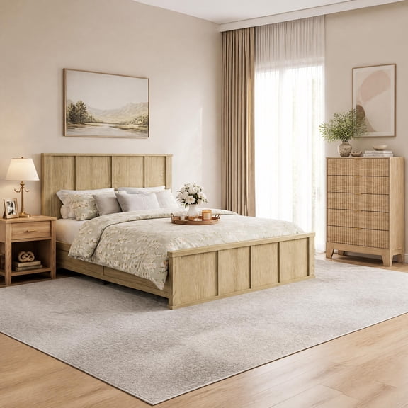 Modern Farmhouse Bedroom Set – Solid Wood Platform Bed with Tall Headboard & 5-Drawer Fluted Dresser, Sturdy 800 lbs Support, No Box Spring Needed for Bedroom