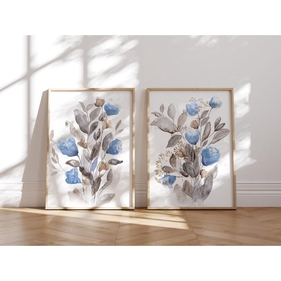 Modern Farmhouse Blue Flowers Neutral Botanical Floral Wall Art, Botanical Bedroom And Living Room Decor