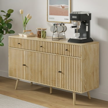 Modern Farmhouse Buffet Cabinet, 4-Doors 3-Drawers Wood Coffee Bar Cabinet with Adjustable Shelves, Natural