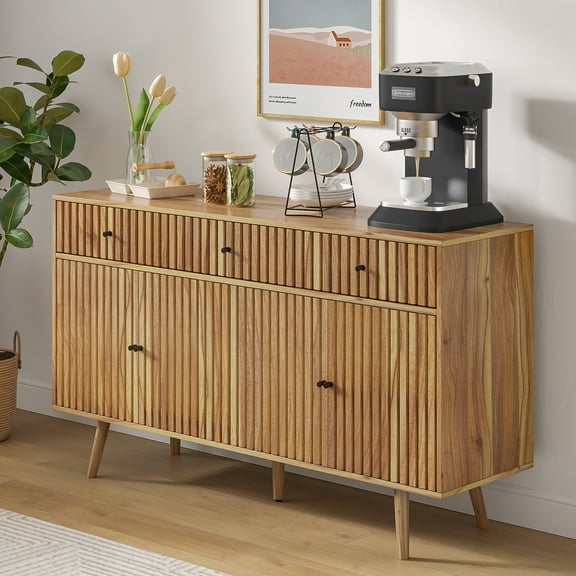 Modern Farmhouse Buffet Cabinet, 4-Doors 3-Drawers Wood Coffee Bar Cabinet with Adjustable Shelves, Walnut