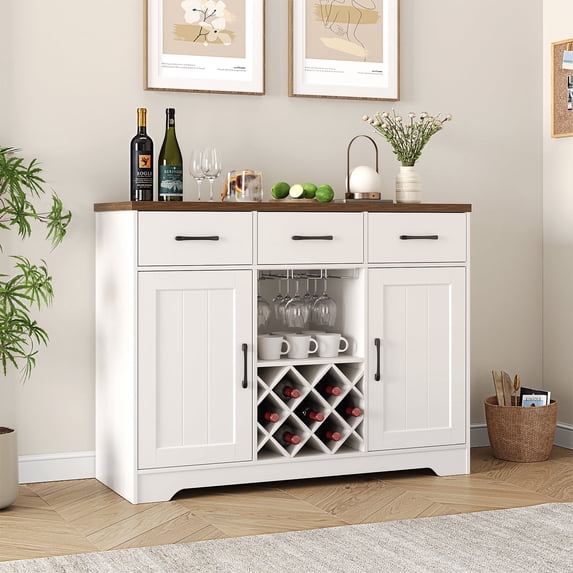 Modern Farmhouse Buffet Sideboard Cabinet, Barn Doors Storage Cabinet with Drawers and Shelves, Wood Coffee Bar Cabinet with Storage for Dining Room, Kitchen, Living Room
