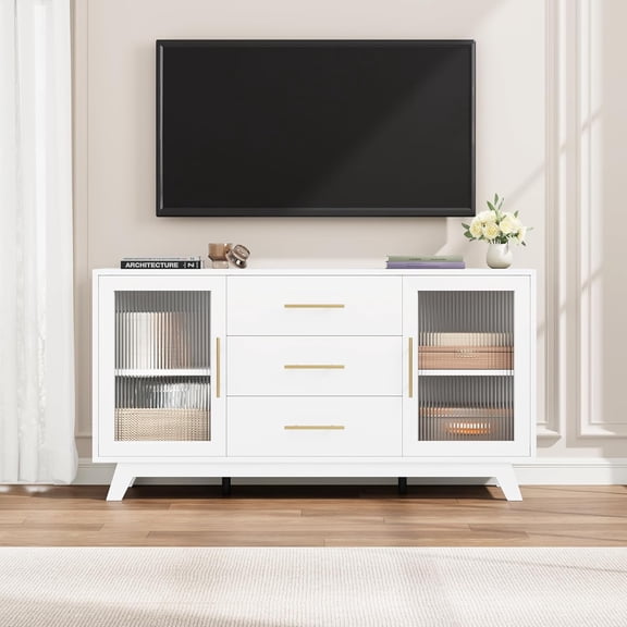 Modern Farmhouse Buffet Storage Cabinet with Glass Door, 56" Large Sideboard Cabinet with Door/3 Drawers/Adjustable Shelf, Wood Coffee Bar Shelf for Kitchen/Dining Room/Living Room, White