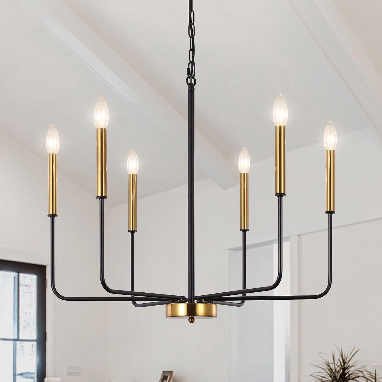 Modern Farmhouse Chandelier with 6 Lights, Black and Gold Chandelier