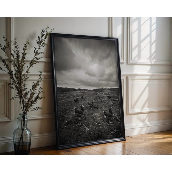 Modern Farmhouse Chicken Field Wall Art Moody Countryside Rustic Kitchen Decor