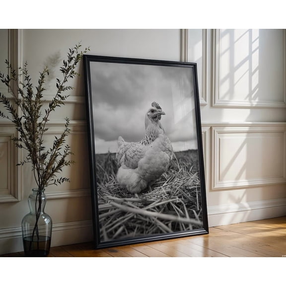 Modern Farmhouse Chicken Portrait On Straw Wall Art Black White Farm Animal Print
