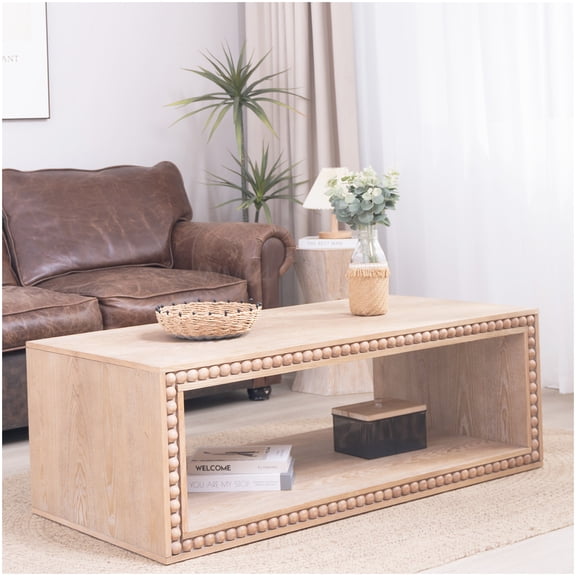 Modern Farmhouse Coffee Table, Beaded Edge Rectangular Design with Storage Shelf in Natural Finish