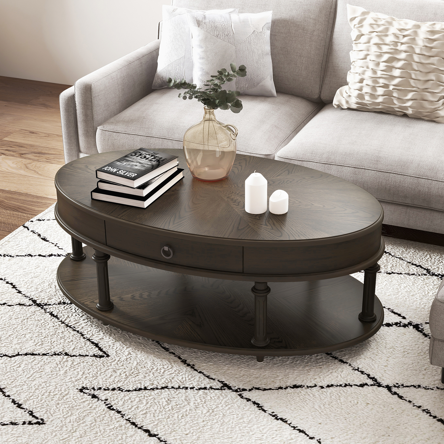 Modern Oval Coffee Table for Living Room, Wood Boho End Table with Storage  and Display 2 Tier Small Sofa Table Boho Center Table for Bedroom Home  Office, White