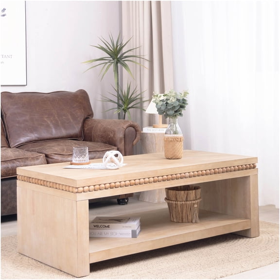 Modern Farmhouse Coffee Table with Beaded Edge, Light Natural Finish, 47 Inch Rectangular Living Room Table with Open Shelf