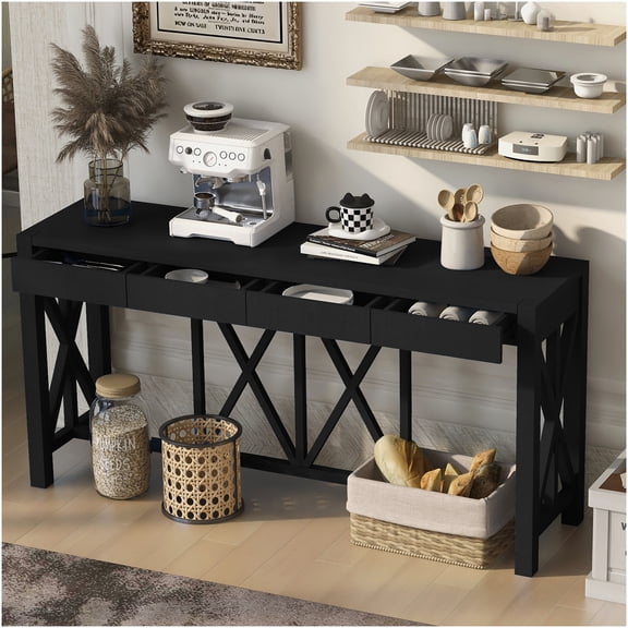 Modern Farmhouse Console Table with 4 Drawers, Black Acacia Veneer Entryway Sofa Table with X-Leg Design and Open Base Storage for Living Room, Hallway
