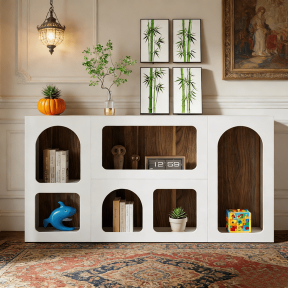Modern Farmhouse Console Table with 6 Compartments 59In Long Sofa Table Entryway Hallway Table Soft White Finish Storage Organizer Open Shelf Display for Living Room Coastal Cottage Style Home Decor