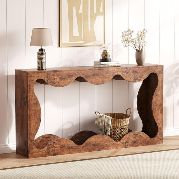 Modern Farmhouse Console Table with Curved Edge Design and Open Shelving – Stylish Entryway Storage Bench for Living Room, Hallway, or Apartment – Durable Wood Construction with Functional Layout
