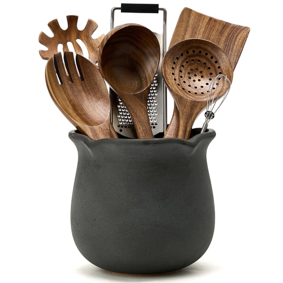 Modern Farmhouse Cooking Utensil Holder Counter, Style Utensil Holder Crock Home Kitchen Decor, Rustic Ceramic Utensil Organizer