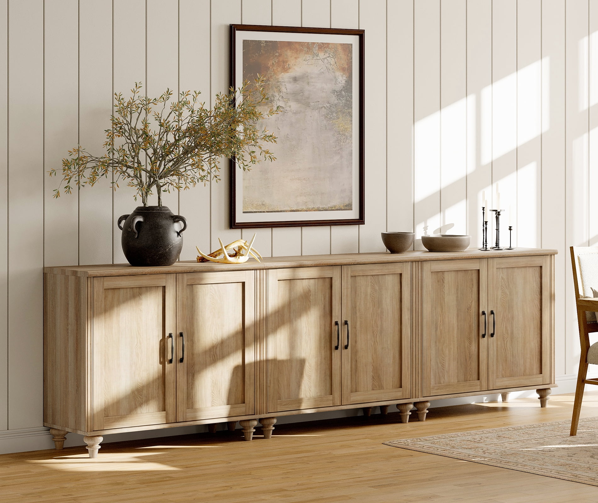Modern Farmhouse Credenza, 101" Oak Storage Sideboard with Wood Doors