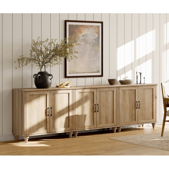 Modern Farmhouse Credenza, 101" Oak Storage Sideboard with Wood Doors